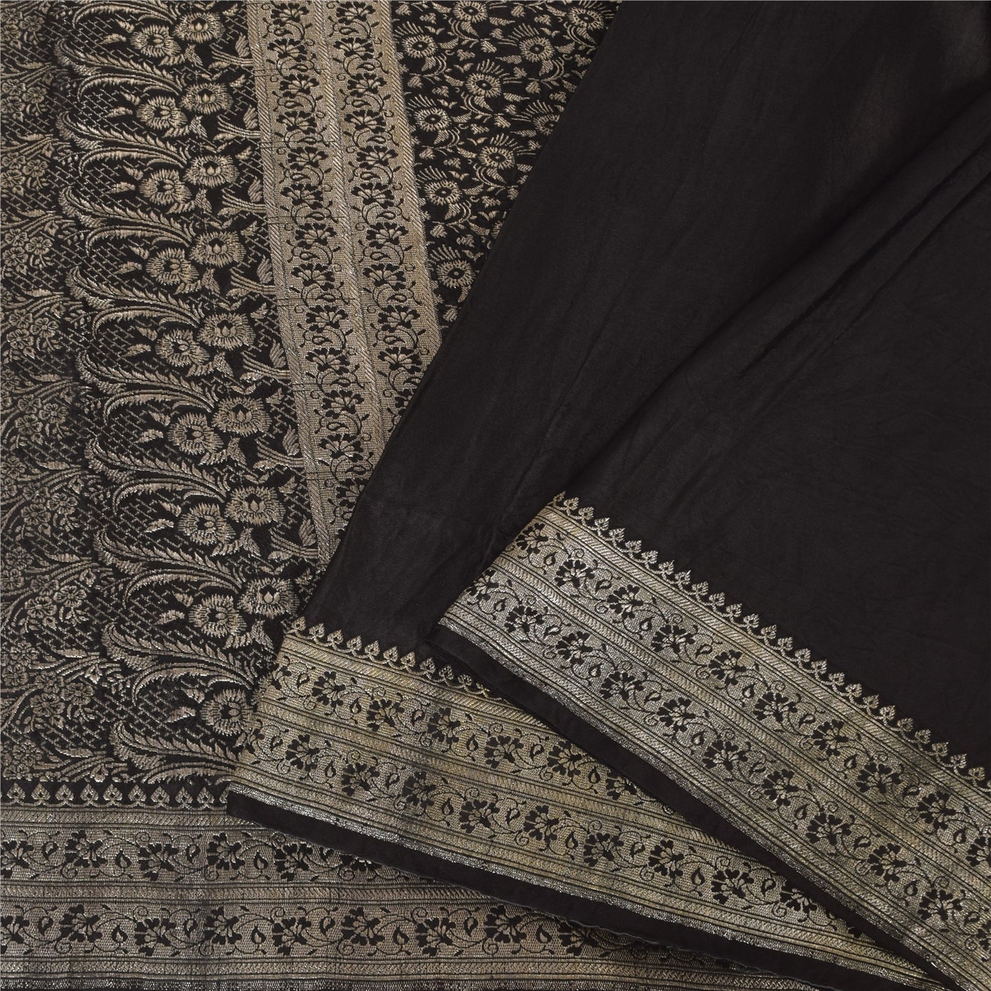 Sanskriti Vintage Black Indian Sarees Pure Silk Banarasi Woven Brocade Craft Sari