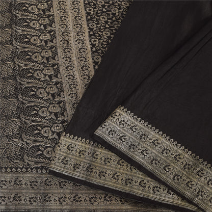 Sanskriti Vintage Black Indian Sarees Pure Silk Banarasi Woven Brocade Craft Sari