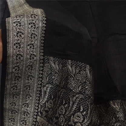 Sanskriti Vintage Black Indian Sarees Pure Silk Banarasi Woven Brocade Craft Sari