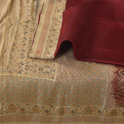 Sanskriti Vintage Saree Dark Red 100% Pure Satin Silk 5+Yd Sari Brocade Banarasi Woven Fabric Hand Woven India Textile Heritage Supplies