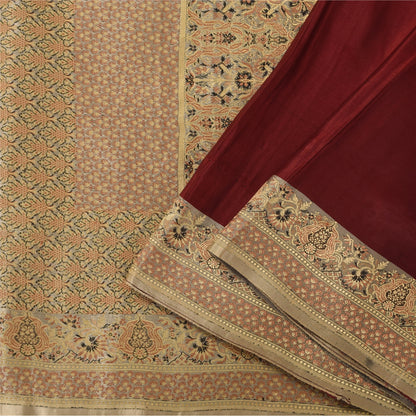 Sanskriti Vintage Saree Dark Red 100% Pure Satin Silk 5+Yd Sari Brocade Banarasi Woven Fabric Hand Woven India Textile Heritage Supplies