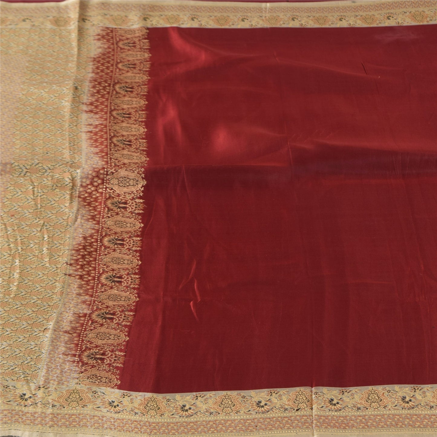 Sanskriti Vintage Saree Dark Red 100% Pure Satin Silk 5+Yd Sari Brocade Banarasi Woven Fabric Hand Woven India Textile Heritage Supplies