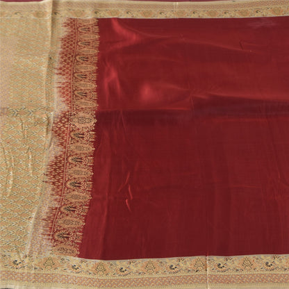 Sanskriti Vintage Saree Dark Red 100% Pure Satin Silk 5+Yd Sari Brocade Banarasi Woven Fabric Hand Woven India Textile Heritage Supplies