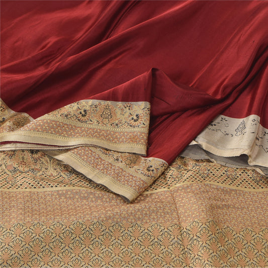 Sanskriti Vintage Sarees Dark Red Brocade Banarasi Woven Pure Satin Sari Fabric