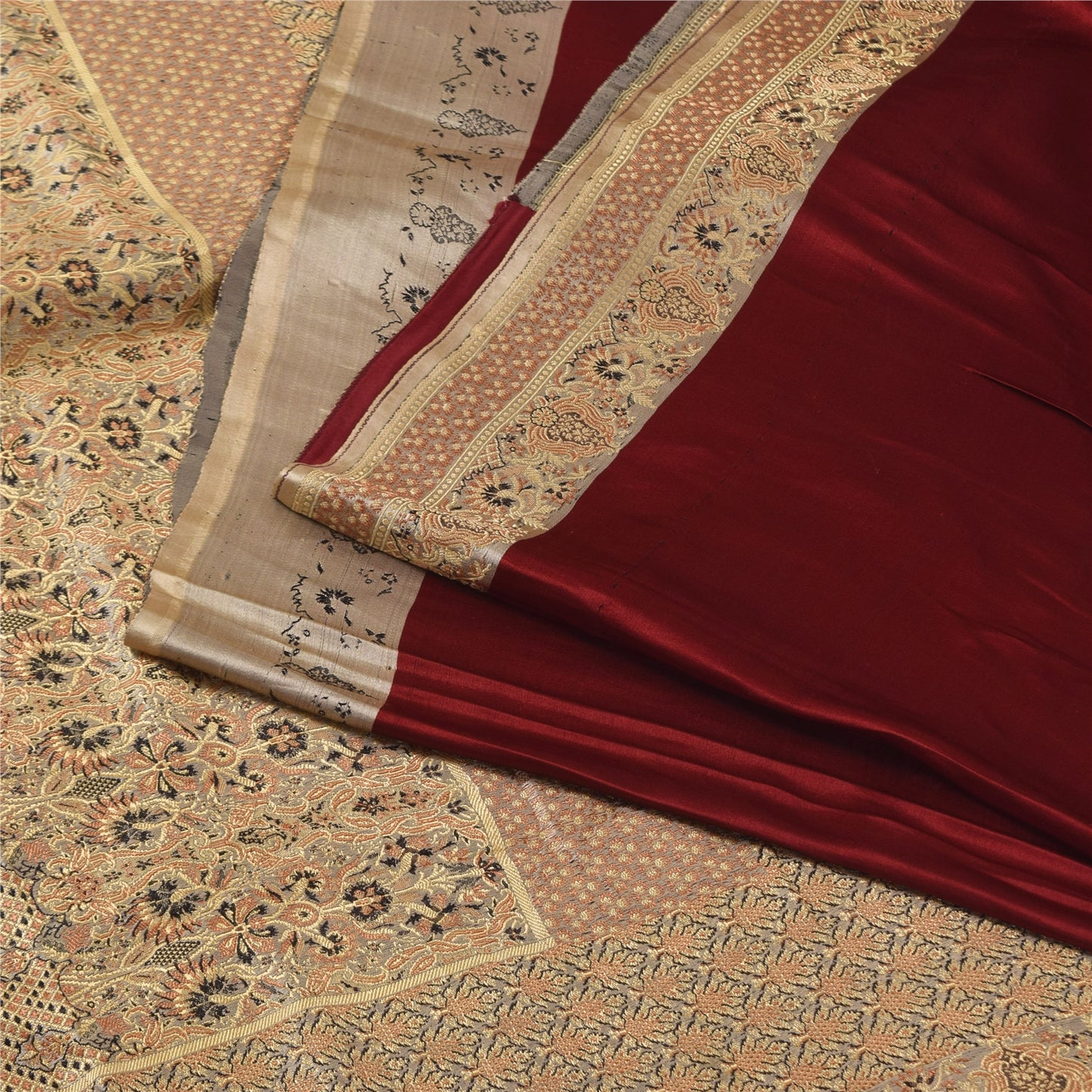Sanskriti Vintage Saree Dark Red 100% Pure Satin Silk 5+Yd Sari Brocade Banarasi Woven Fabric Hand Woven India Textile Heritage Supplies