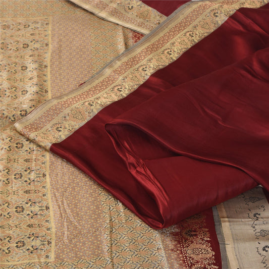 Sanskriti Vintage Sarees Dark Red Brocade Banarasi Woven Pure Satin Sari Fabric