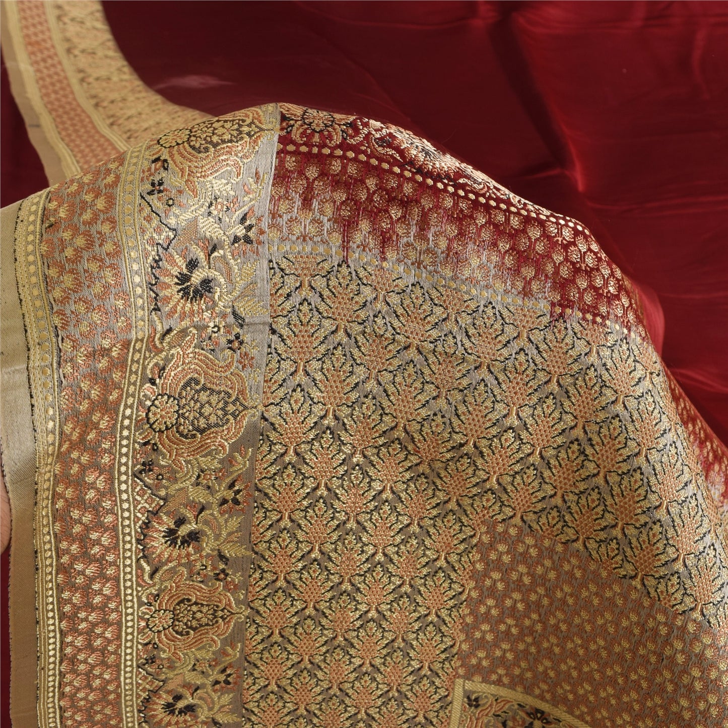Sanskriti Vintage Saree Dark Red 100% Pure Satin Silk 5+Yd Sari Brocade Banarasi Woven Fabric Hand Woven India Textile Heritage Supplies