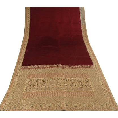 Sanskriti Vintage Saree Dark Red 100% Pure Satin Silk 5+Yd Sari Brocade Banarasi Woven Fabric Hand Woven India Textile Heritage Supplies