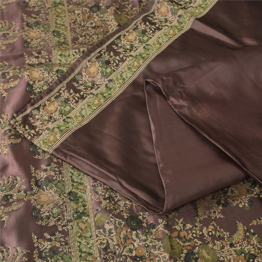 Sanskriti Vintage Dark Brown Sarees Pure Silk Embroidered Sari 5yd Craft Sustainable Fabric