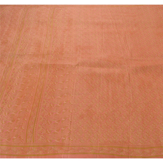 Sanskriti Vintage Saree 100% Pure Silk Peach Indian Sarees Banarasi Woven 5 Yd Craft Fabric For Upcycled Sarongs Scarves Stoles