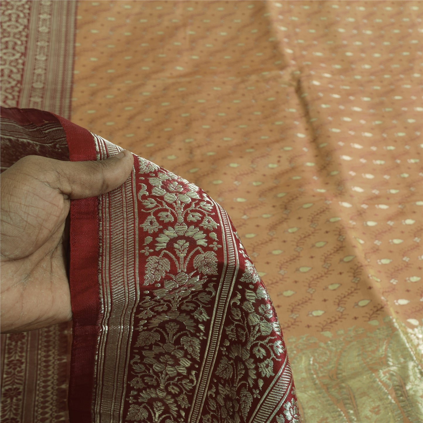 Sanskriti Vintage Peach/Red Sarees Pure Satin Silk Brocade/Banarasi Sari Sustainable Fabric