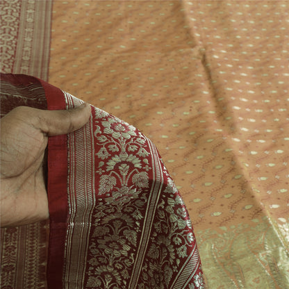 Sanskriti Vintage Peach/Red Sarees Pure Satin Silk Brocade/Banarasi Sari Sustainable Fabric