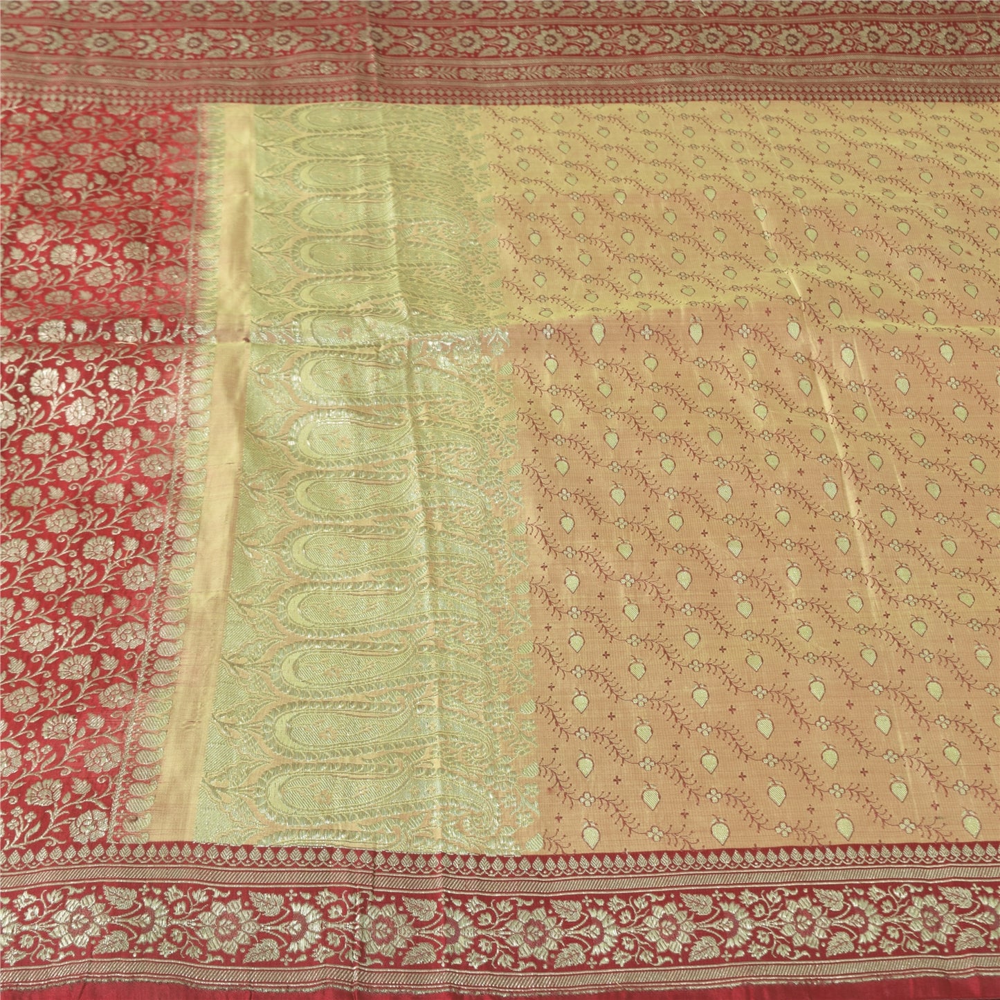 Sanskriti Vintage Peach/Red Sarees Pure Satin Silk Brocade/Banarasi Sari Sustainable Fabric