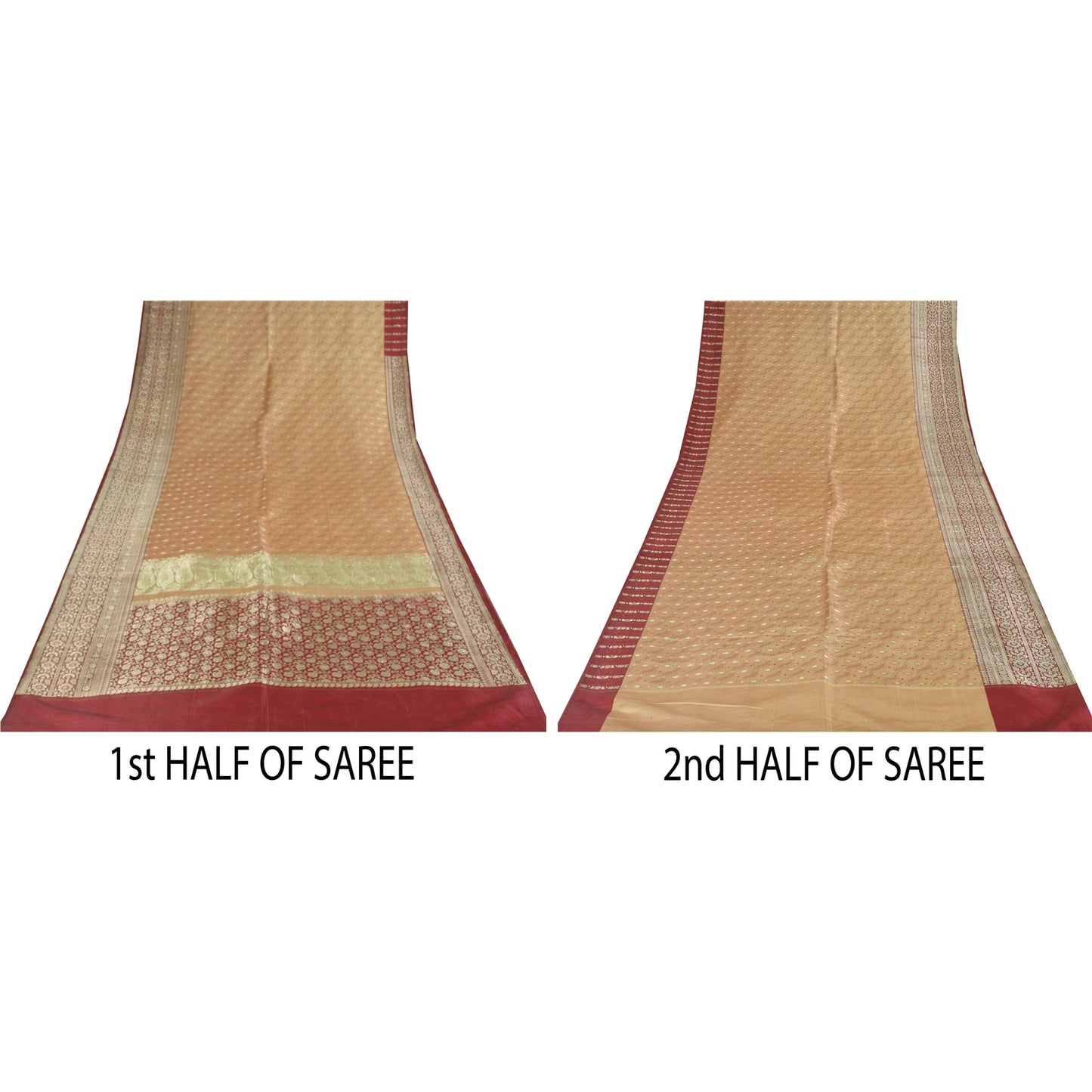 Sanskriti Vintage Peach/Red Sarees Pure Satin Silk Brocade/Banarasi Sari Sustainable Fabric