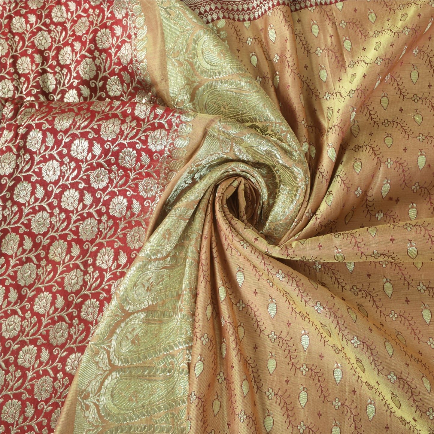 Sanskriti Vintage Peach/Red Sarees Pure Satin Silk Brocade/Banarasi Sari Sustainable Fabric