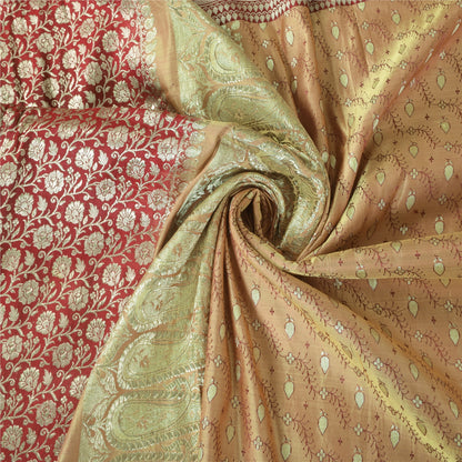 Sanskriti Vintage Peach/Red Sarees Pure Satin Silk Brocade/Banarasi Sari Sustainable Fabric