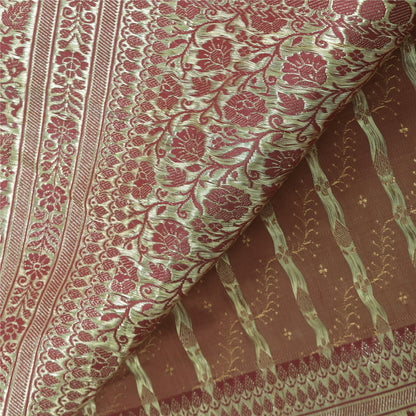 Sanskriti Vintage Peach/Red Sarees Pure Satin Silk Brocade/Banarasi Sari Sustainable Fabric
