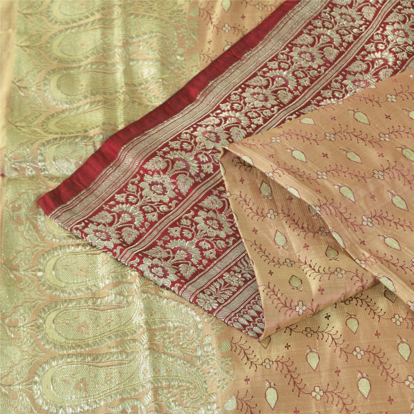 Sanskriti Vintage Peach/Red Sarees Pure Satin Silk Brocade/Banarasi Sari Sustainable Fabric
