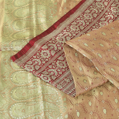 Sanskriti Vintage Peach/Red Sarees Pure Satin Silk Brocade/Banarasi Sari Sustainable Fabric