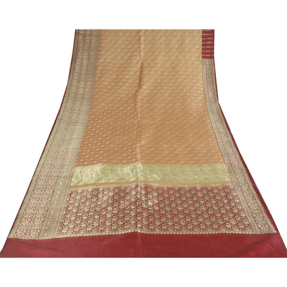 Sanskriti Vintage Peach/Red Sarees Pure Satin Silk Brocade/Banarasi Sari Sustainable Fabric