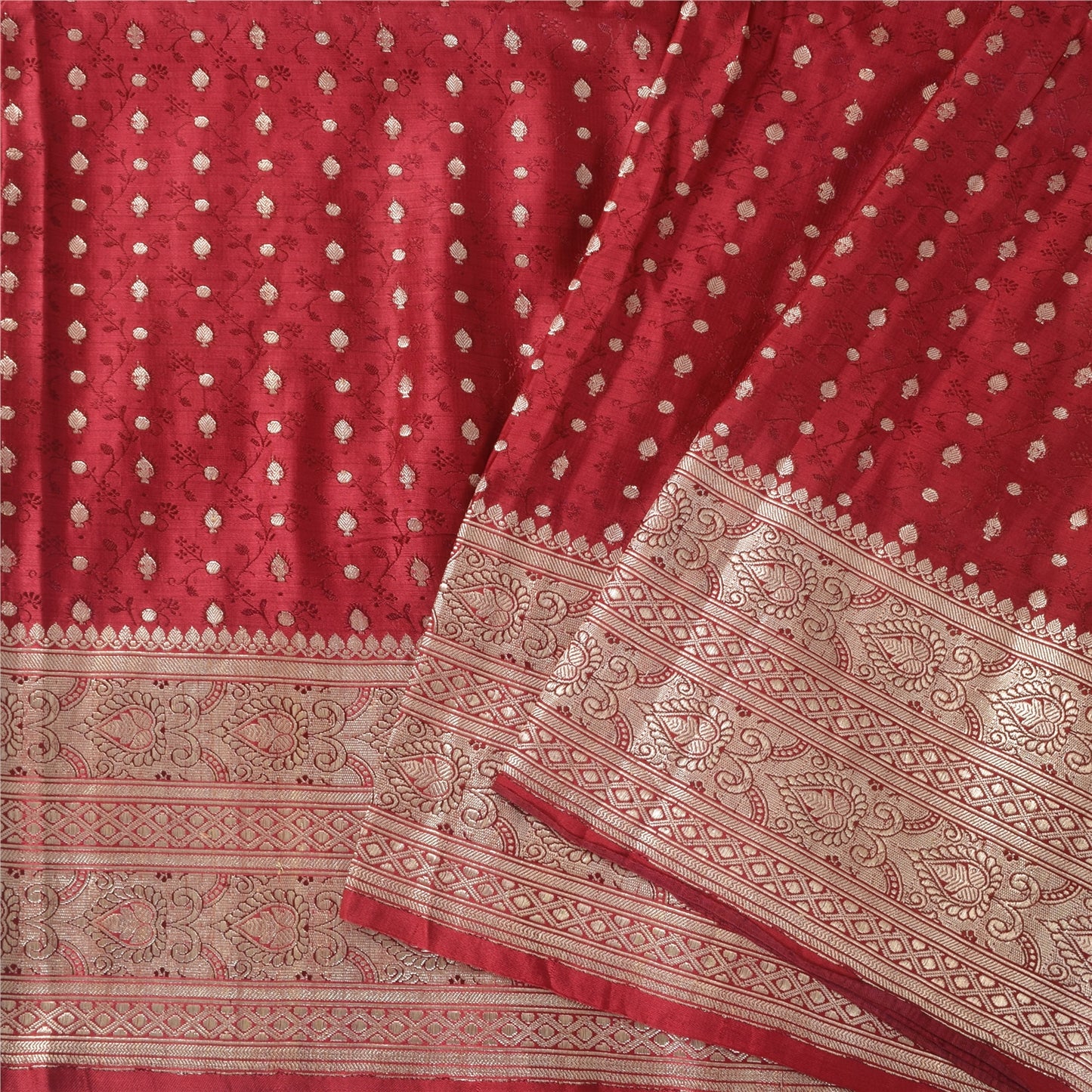 Sanskriti Vintage Red Sarees Pure Silk Brocade/Banarasi Woven Sari Craft Sustainable Fabric