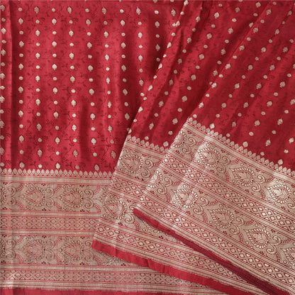Sanskriti Vintage Red Sarees Pure Silk Brocade/Banarasi Woven Sari Craft Sustainable Fabric