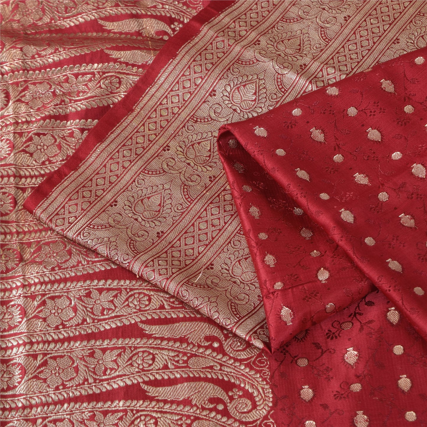 Sanskriti Vintage Red Sarees Pure Silk Brocade/Banarasi Woven Sari Craft Sustainable Fabric