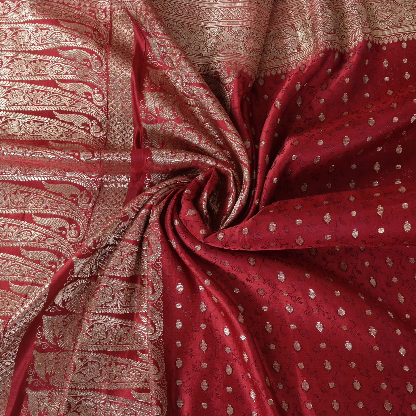 Sanskriti Vintage Red Sarees Pure Silk Brocade/Banarasi Woven Sari Craft Sustainable Fabric