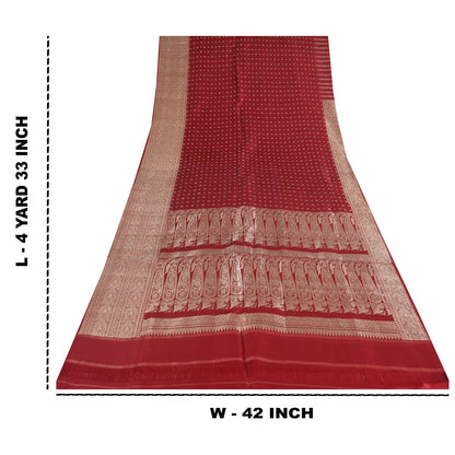 Sanskriti Vintage Red Sarees Pure Silk Brocade/Banarasi Woven Sari Craft Sustainable Fabric