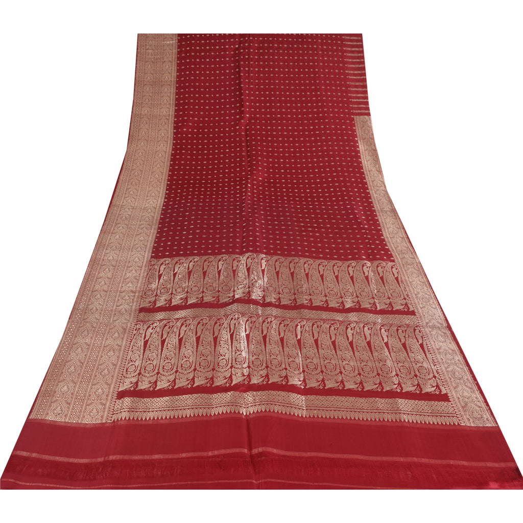 Sanskriti Vintage Red Sarees Pure Silk Brocade/Banarasi Woven Sari Craft Sustainable Fabric