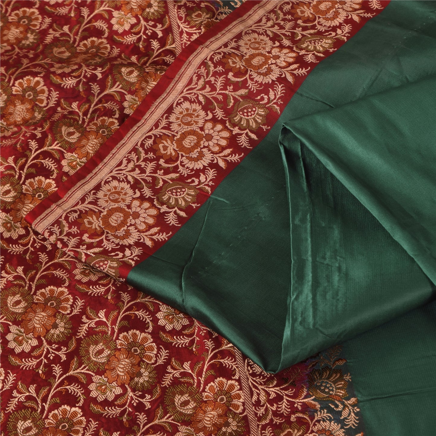 Sanskriti Vintage Sarees Green Pure Satin Silk Hand Beaded Banarasi Brocade Woven Sari Craft Fabri