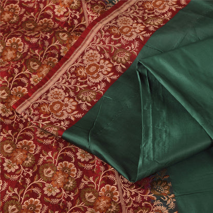 Sanskriti Vintage Sarees Green Pure Satin Silk Hand Beaded Banarasi Brocade Woven Sari Craft Fabri