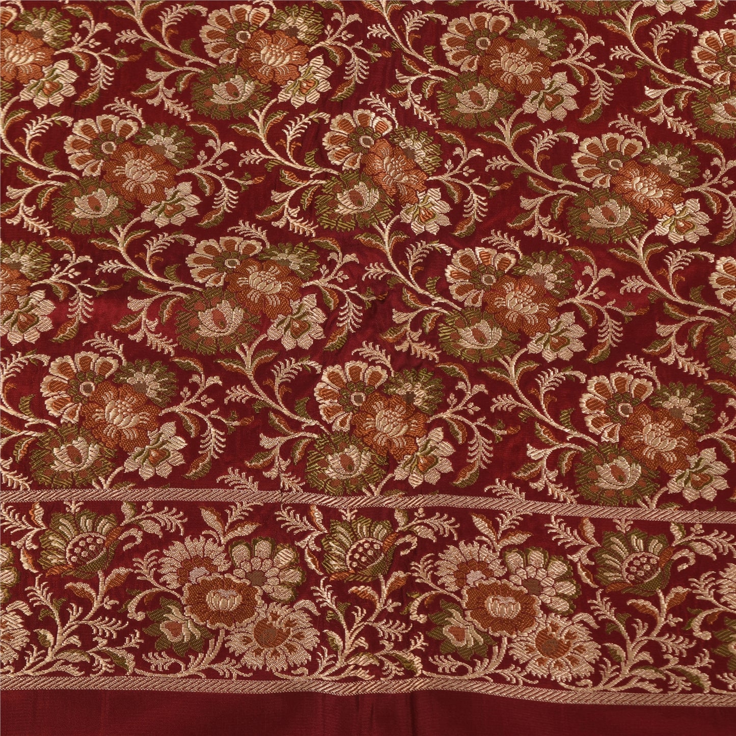 Sanskriti Vintage Sarees Green Pure Satin Silk Hand Beaded Banarasi Brocade Woven Sari Craft Fabri