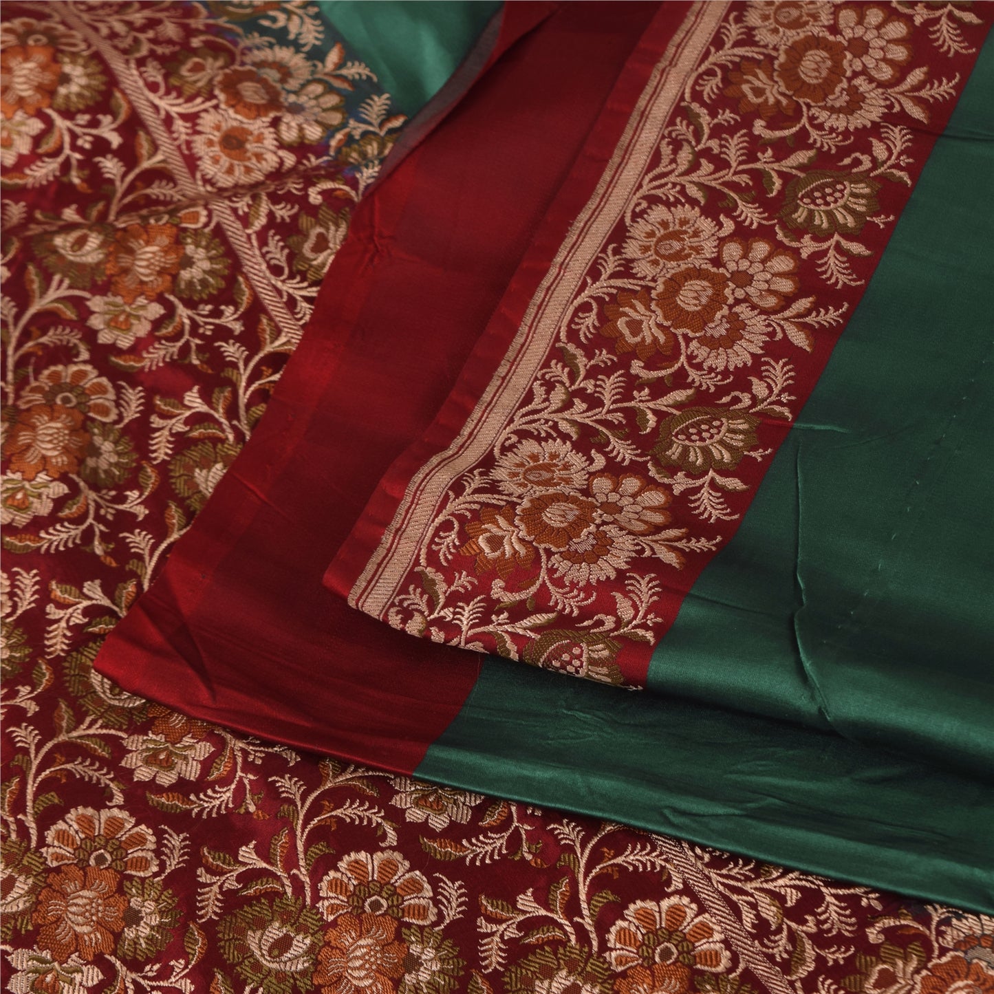 Sanskriti Vintage Sarees Green Pure Satin Silk Hand Beaded Banarasi Brocade Woven Sari Craft Fabri