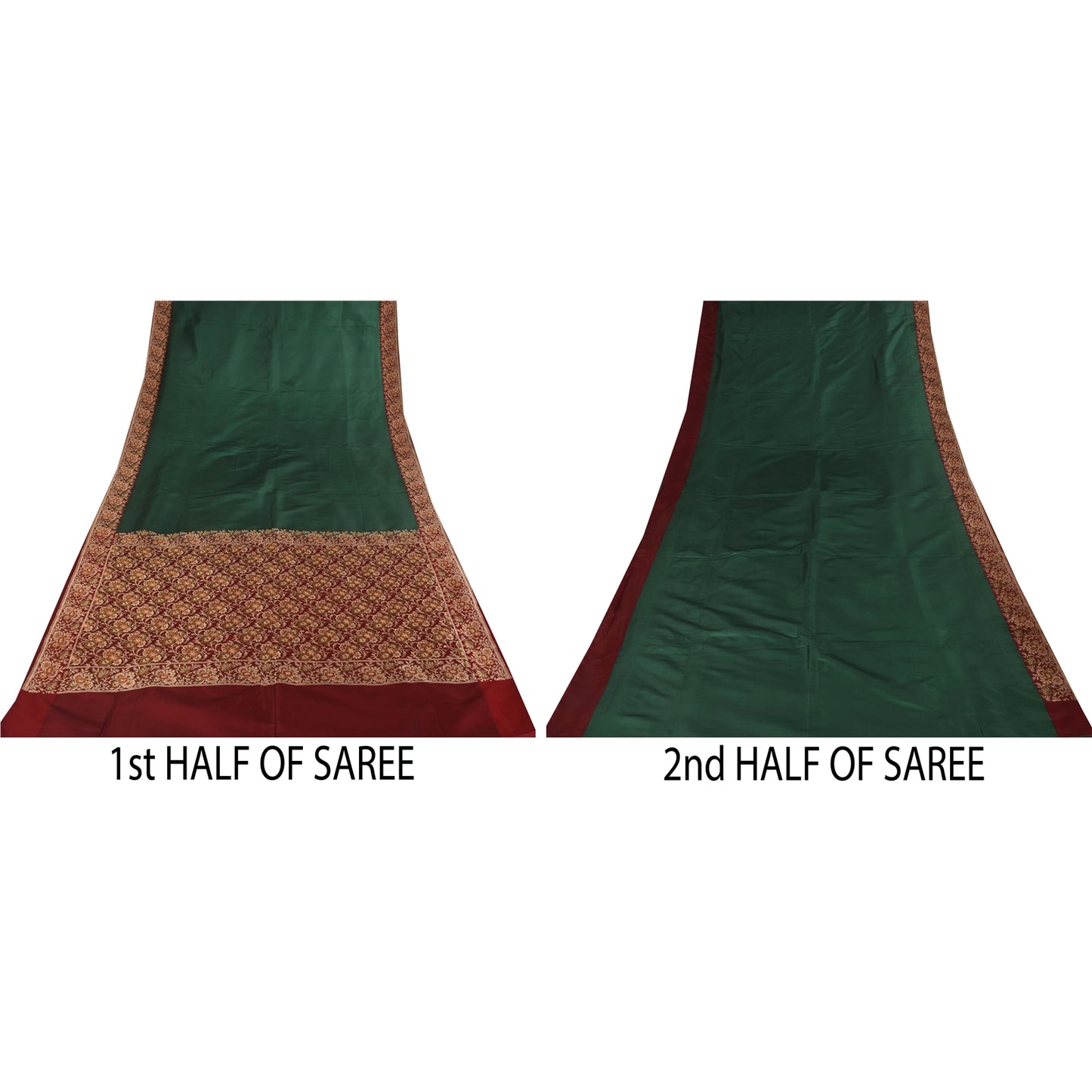 Sanskriti Vintage Sarees Green Pure Satin Silk Hand Beaded Banarasi Brocade Woven Sari Craft Fabri