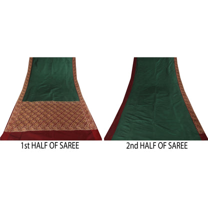 Sanskriti Vintage Sarees Green Pure Satin Silk Hand Beaded Banarasi Brocade Woven Sari Craft Fabri