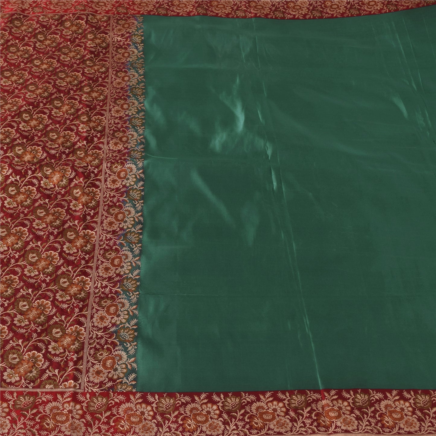 Sanskriti Vintage Sarees Green Pure Satin Silk Hand Beaded Banarasi Brocade Woven Sari Craft Fabri