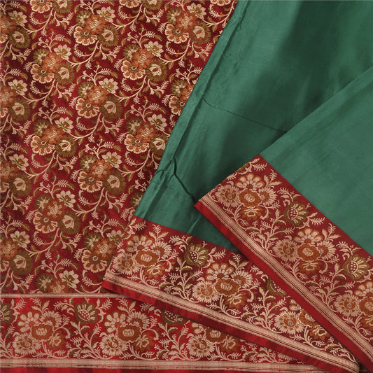Sanskriti Vintage Sarees Green Pure Satin Silk Hand Beaded Banarasi Brocade Woven Sari Craft Fabri