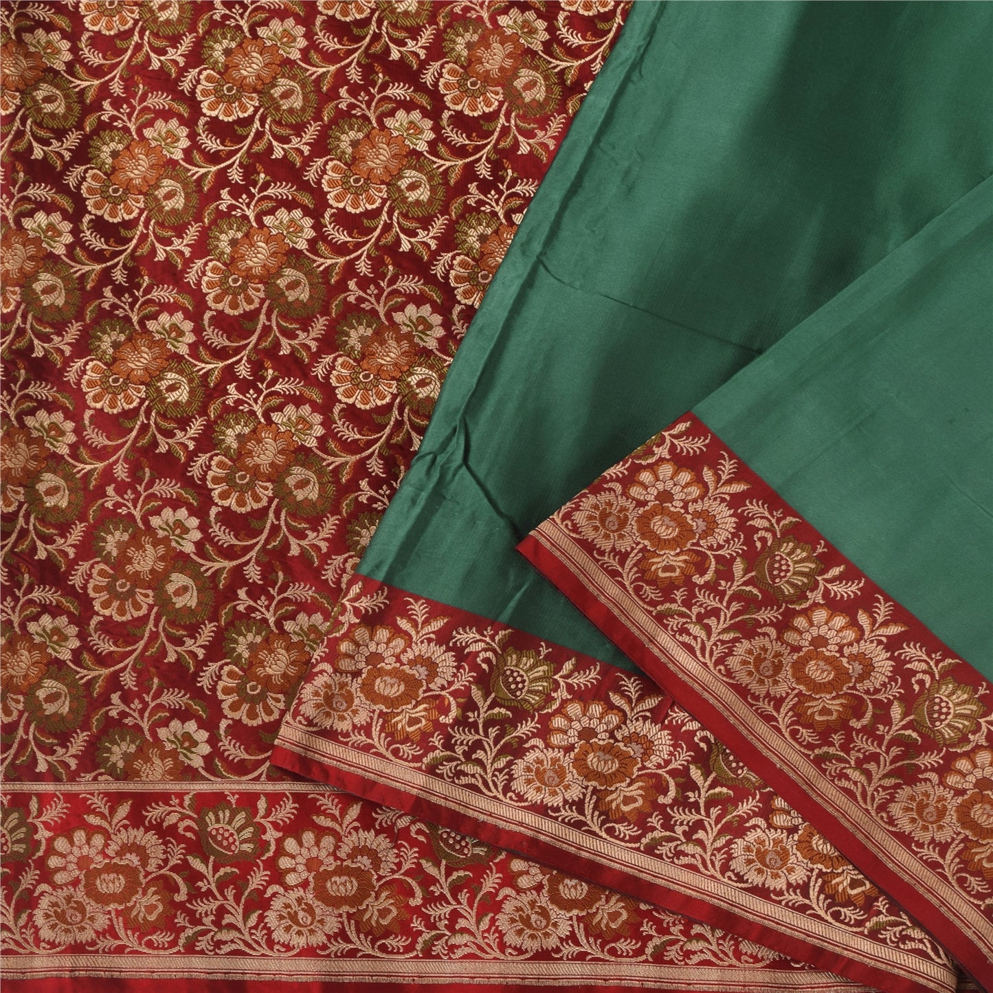 Sanskriti Vintage Sarees Green Pure Satin Silk Hand Beaded Banarasi Brocade Woven Sari Craft Fabri
