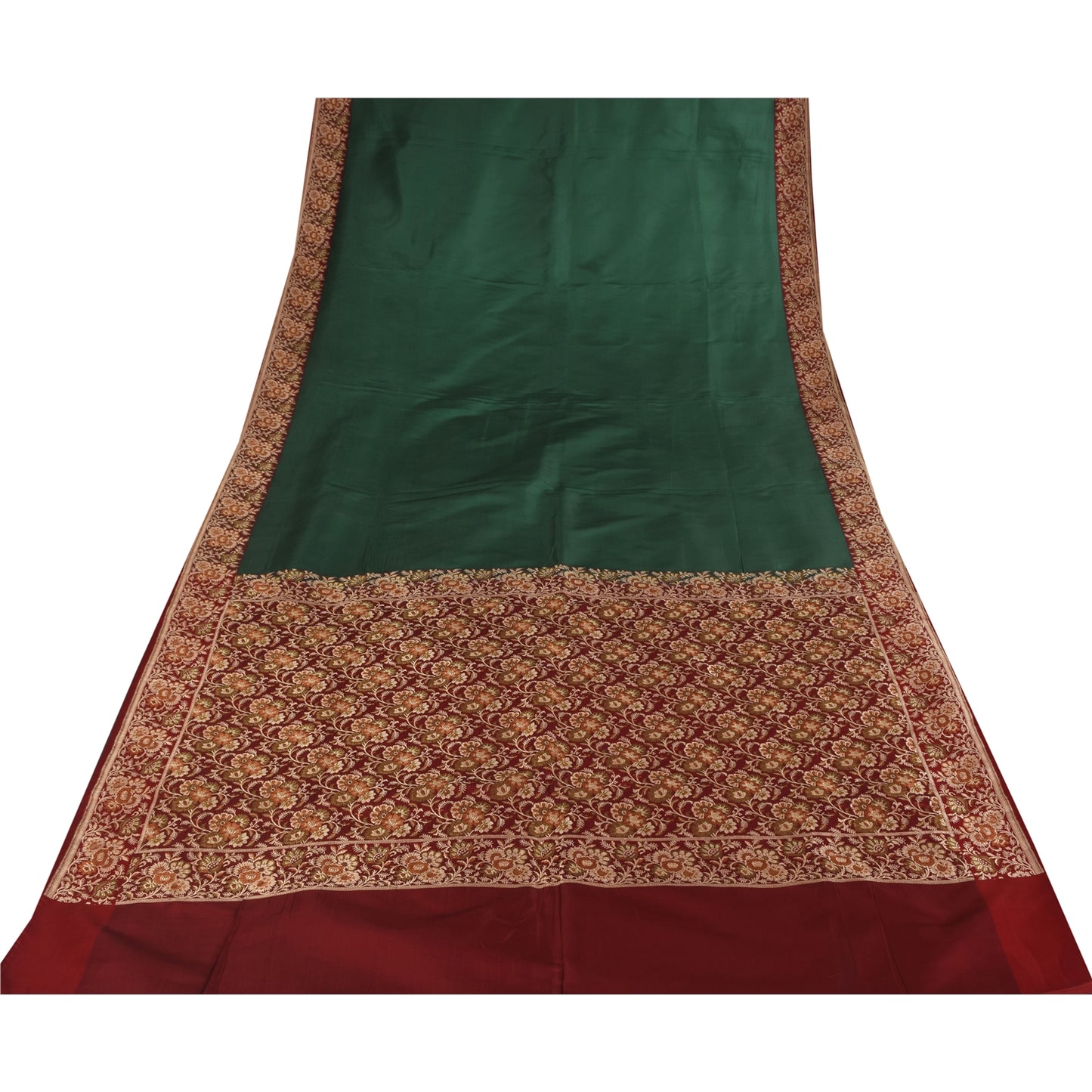 Sanskriti Vintage Sarees Green Pure Satin Silk Hand Beaded Banarasi Brocade Woven Sari Craft Fabri