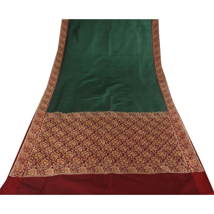 Sanskriti Vintage Sarees Green Pure Satin Silk Hand Beaded Banarasi Brocade Woven Sari Craft Fabri