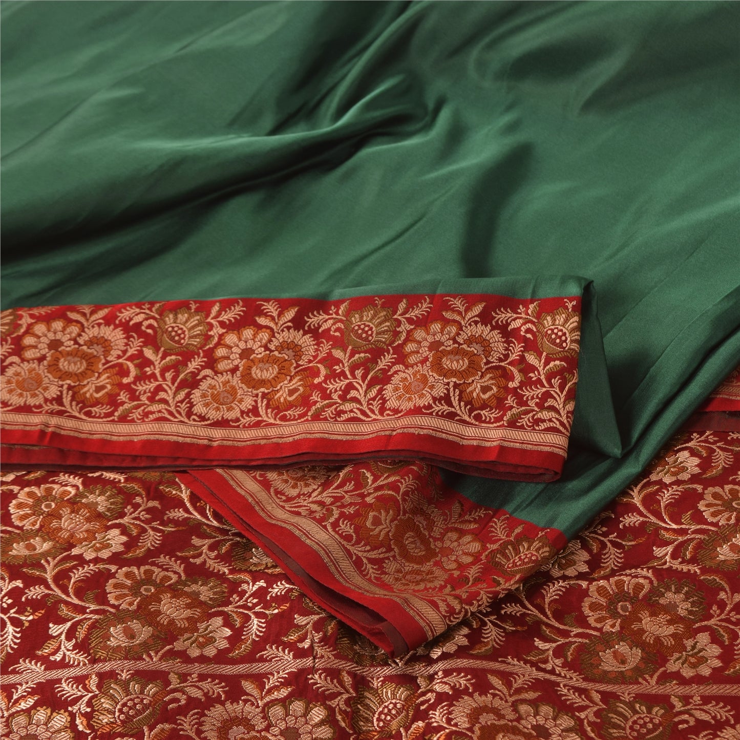 Sanskriti Vintage Sarees Green Pure Satin Silk Hand Beaded Banarasi Brocade Woven Sari Craft Fabri