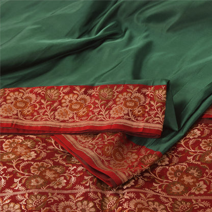 Sanskriti Vintage Sarees Green Pure Satin Silk Hand Beaded Banarasi Brocade Woven Sari Craft Fabri