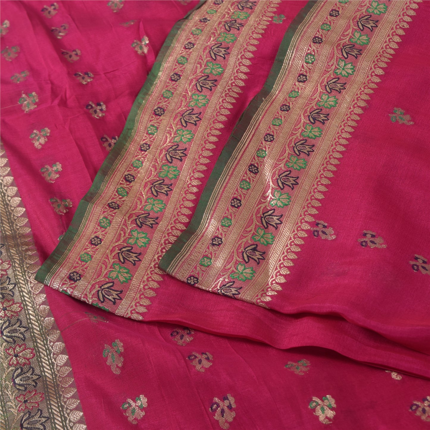 Sanskriti Vintage Pink Sarees Pure Satin Silk Brocade/Banarasi Woven Sari Sustainable Fabric