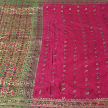 Sanskriti Vintage Pink Sarees Pure Satin Silk Brocade/Banarasi Woven Sari Sustainable Fabric