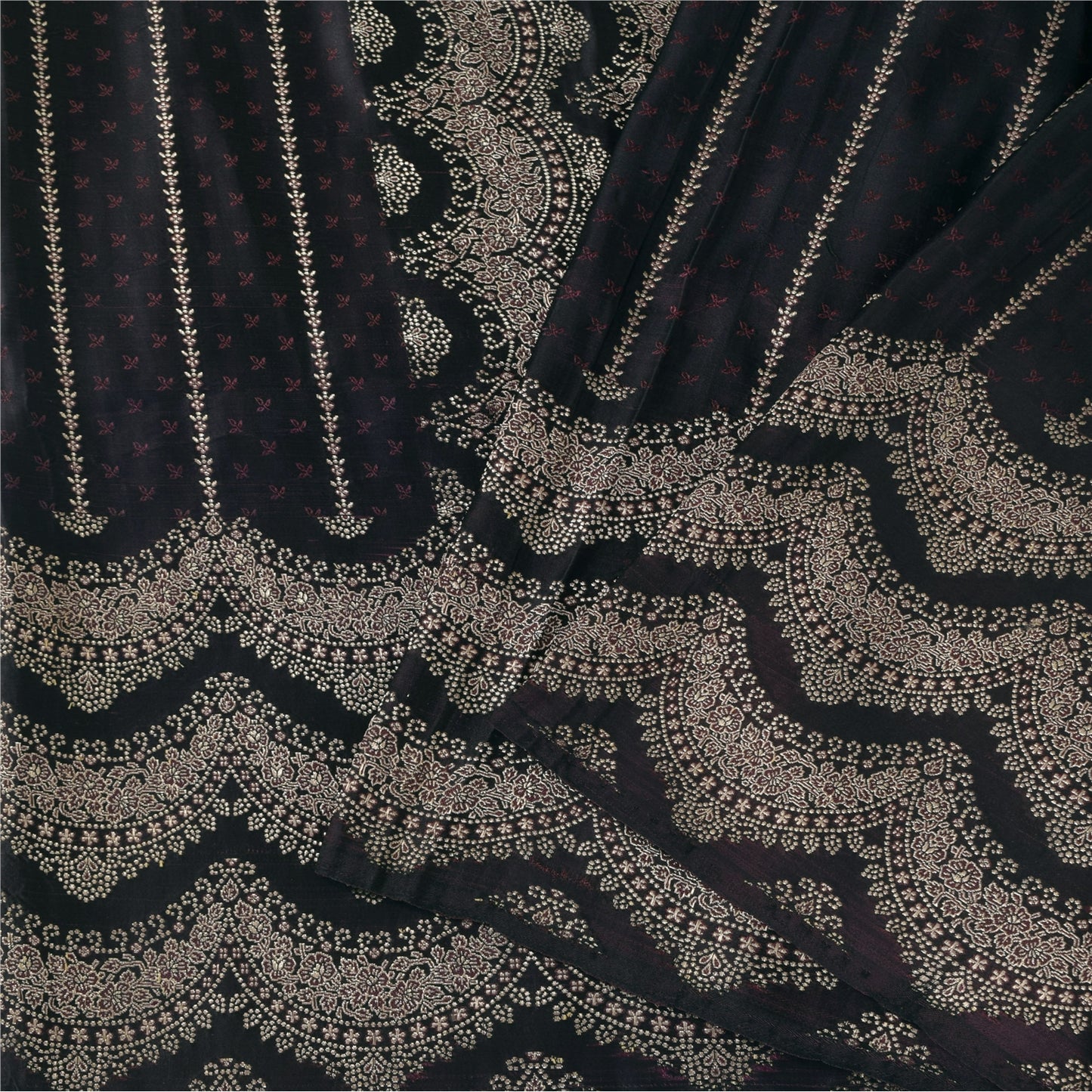 Sanskriti Vintage Black Wine Shimmer Pure Satin Silk Brocade Saree Material fabric for Craft 5.4Yards