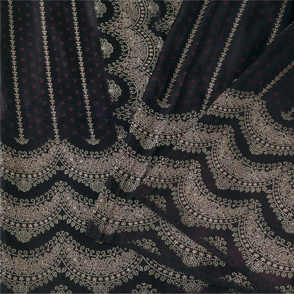 Sanskriti Vintage Black Wine Shimmer Pure Satin Silk Brocade Saree Material fabric for Craft 5.4Yards
