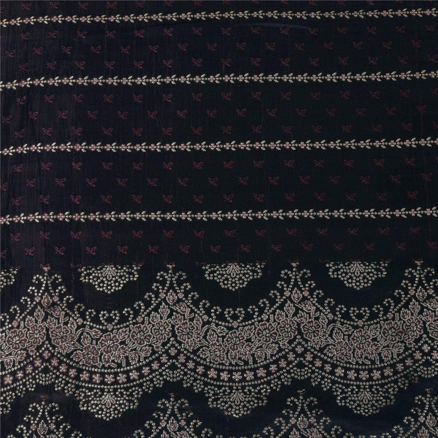 Sanskriti Vintage Black Wine Shimmer Pure Satin Silk Brocade Saree Material fabric for Craft 5.4Yards