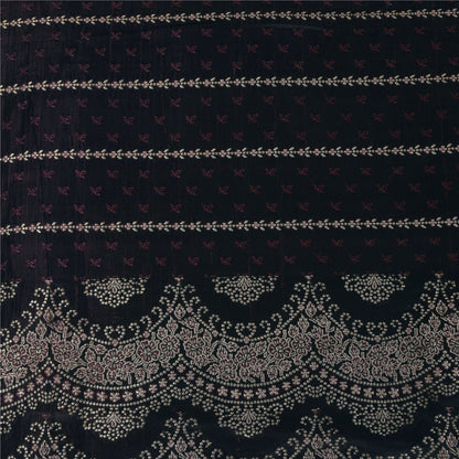 Sanskriti Vintage Black Wine Shimmer Pure Satin Silk Brocade Saree Material fabric for Craft 5.4Yards
