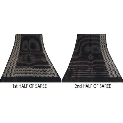 Sanskriti Vintage Black Wine Shimmer Pure Satin Silk Brocade Saree Material fabric for Craft 5.4Yards